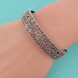 Vintage Art Deco Style Sterling Silver Marcasite Hinged Bangle Bracelet Size 7